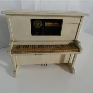 Antique Music Box White Wood Piano Plays Music Poor Condition